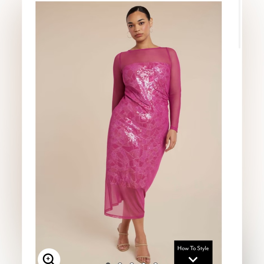 Eloquii Fuchsia Sequin Long Sleeve Mesh Midi Dress